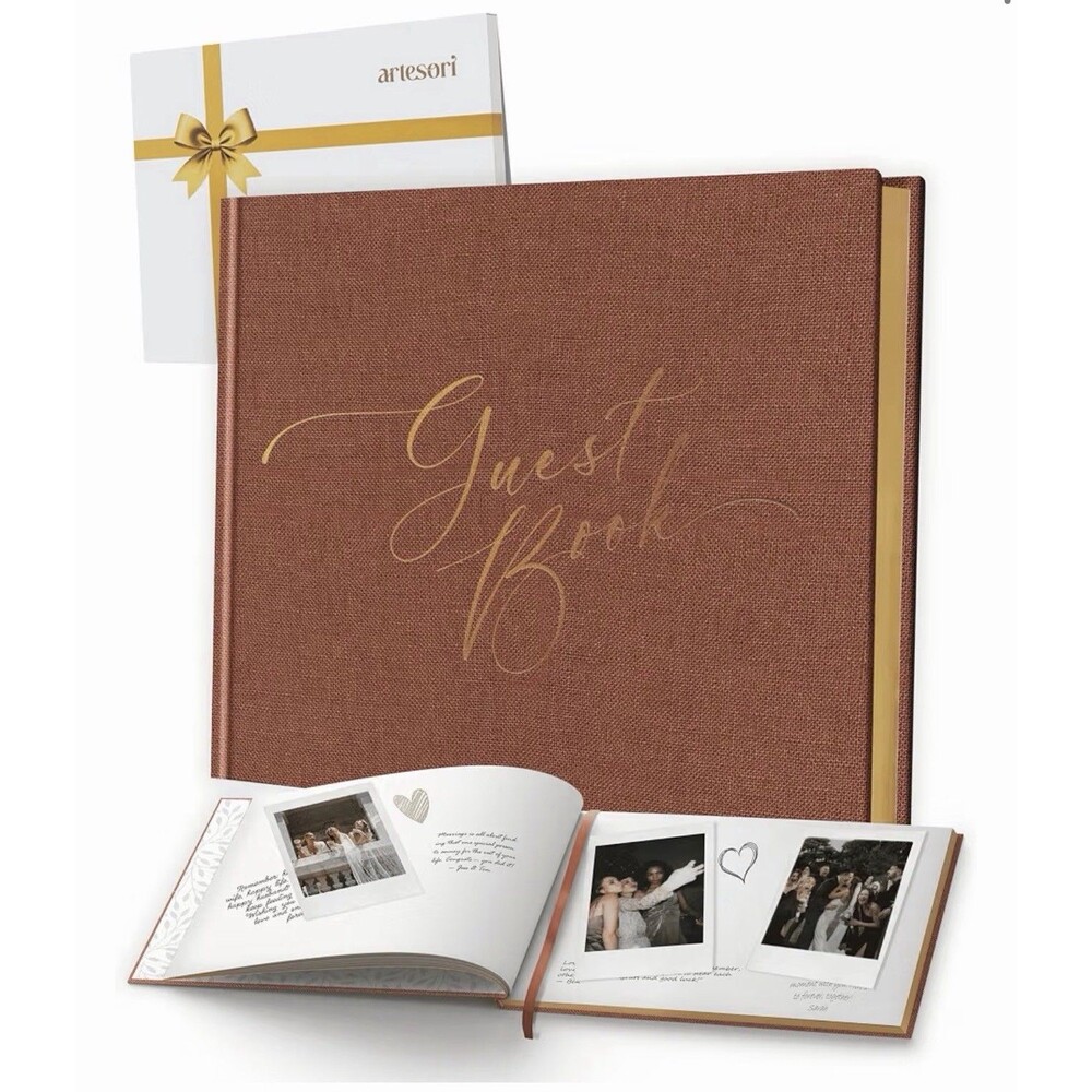 Elegant Linen Wedding Guest Book Hardcover Blank Page Gold Foil Accent terracota